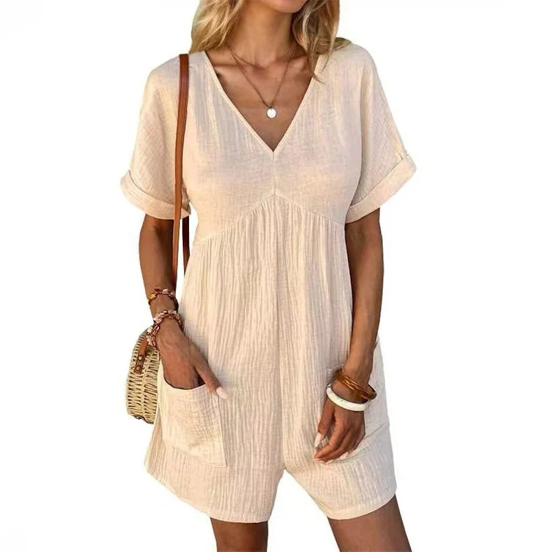 Womens Summer Casual V-Neck Pocket Jumpsuit
