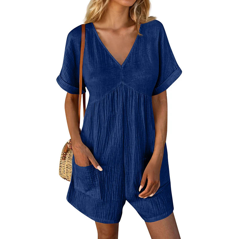 Womens Summer Casual V-Neck Pocket Jumpsuit