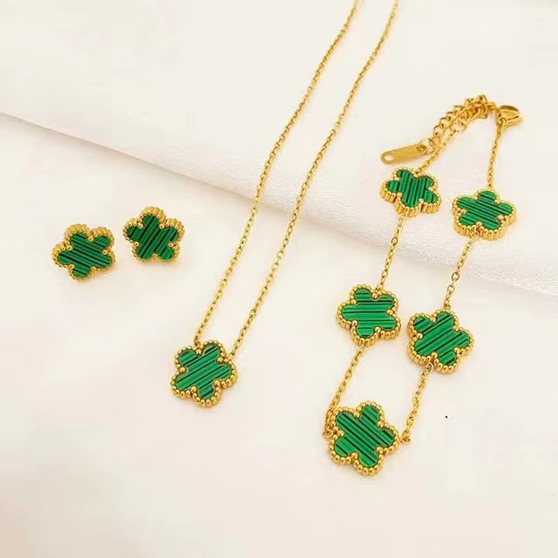 3 Pieces of Stainless Steel Plum Blossom Plant Five Leaf Necklace, Bracelet, Earrings, Women'S Jewelry Set