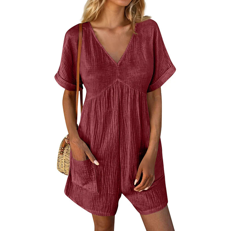 Womens Summer Casual V-Neck Pocket Jumpsuit