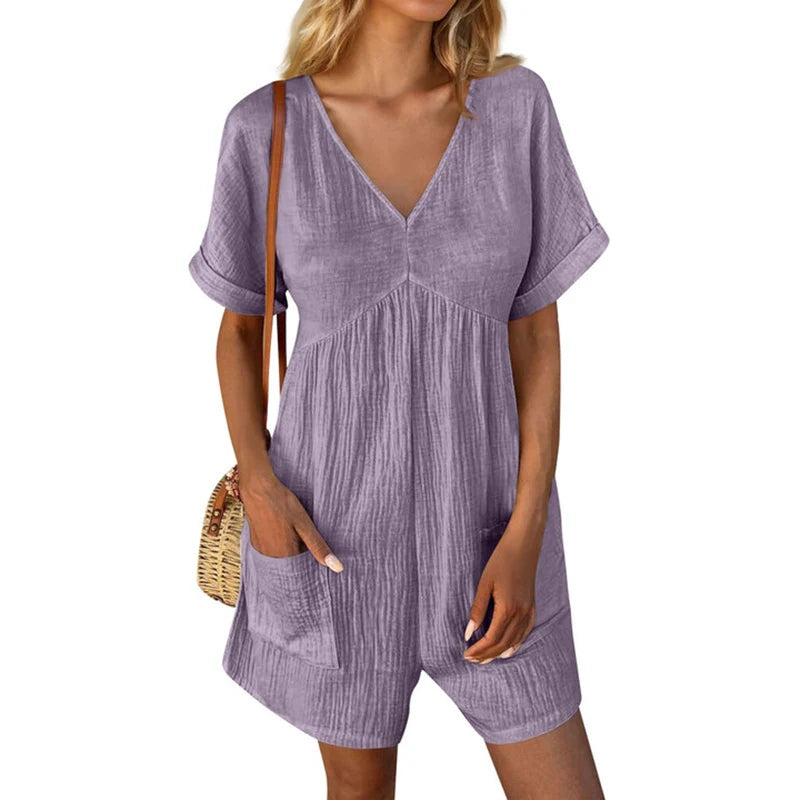 Womens Summer Casual V-Neck Pocket Jumpsuit