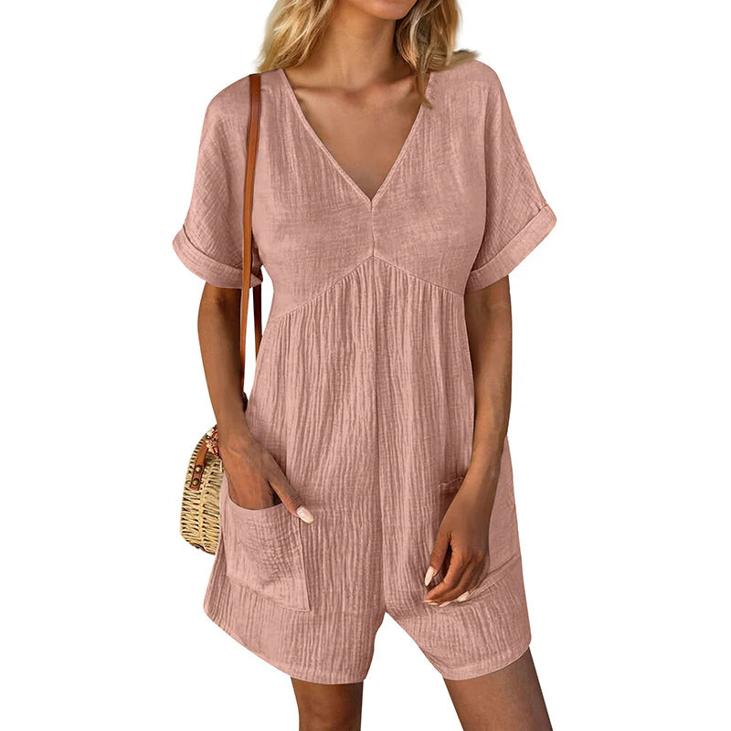 Womens Summer Casual V-Neck Pocket Jumpsuit