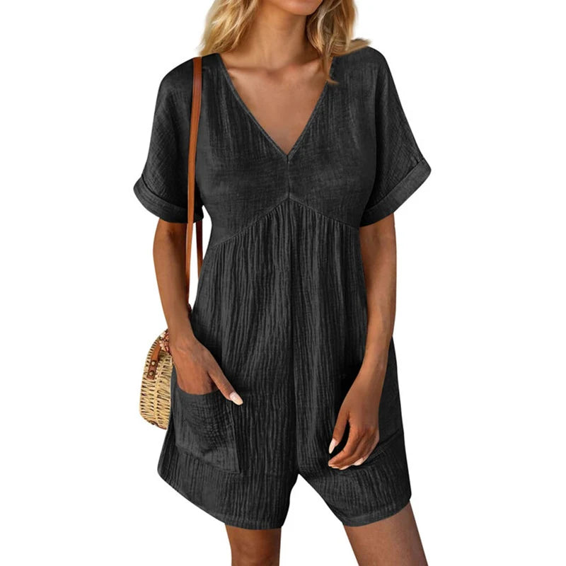 Womens Summer Casual V-Neck Pocket Jumpsuit