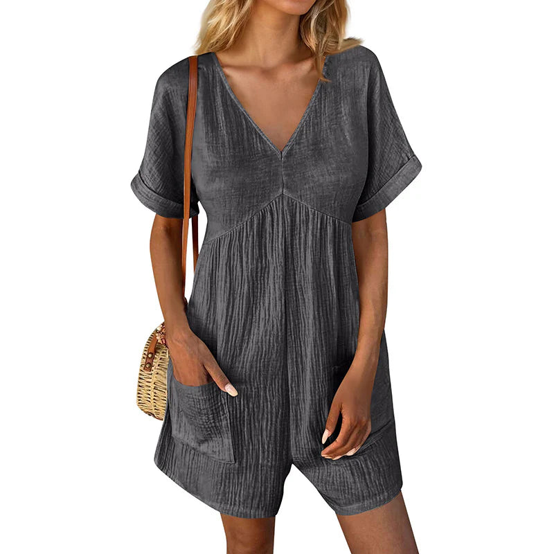 Womens Summer Casual V-Neck Pocket Jumpsuit