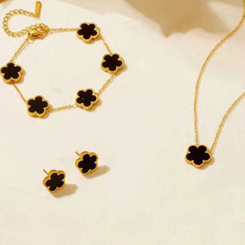 3 Pieces of Stainless Steel Plum Blossom Plant Five Leaf Necklace, Bracelet, Earrings, Women'S Jewelry Set