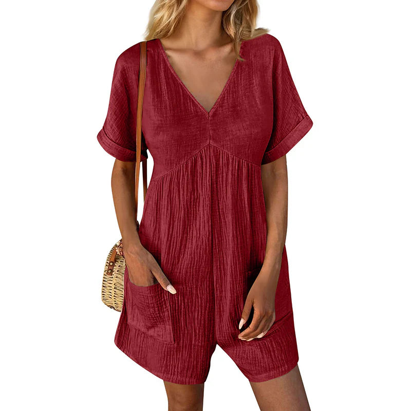 Womens Summer Casual V-Neck Pocket Jumpsuit