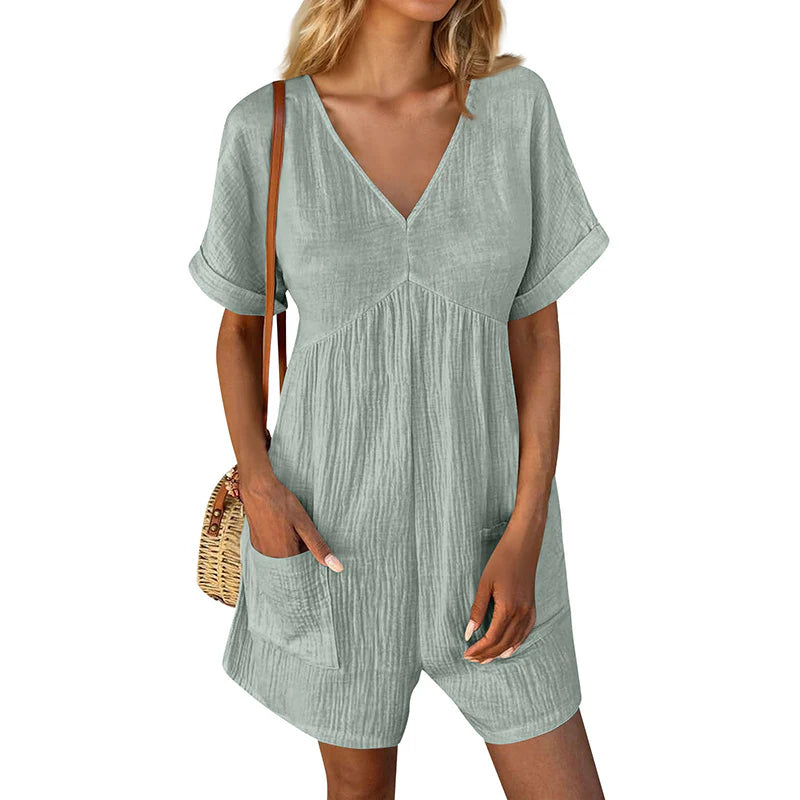 Womens Summer Casual V-Neck Pocket Jumpsuit