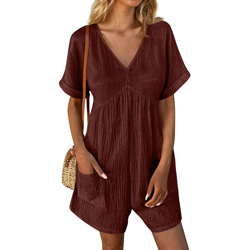 Womens Summer Casual V-Neck Pocket Jumpsuit