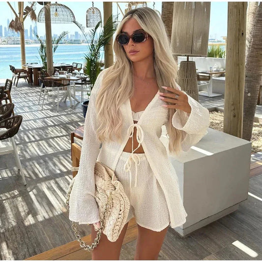 Casual Long Sleeve Lace-Up Top with Shorts Suit