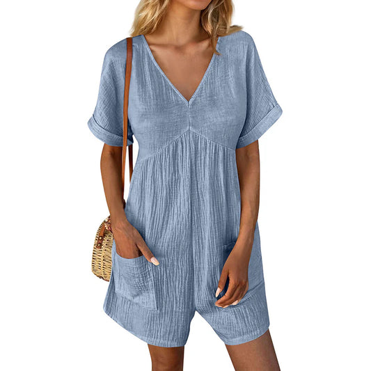 Womens Summer Casual V-Neck Pocket Jumpsuit
