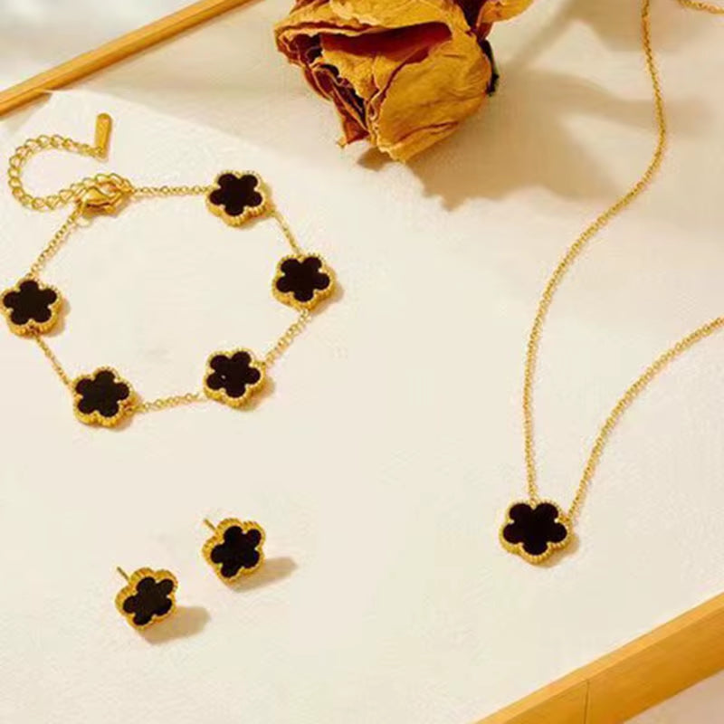 3 Pieces of Stainless Steel Plum Blossom Plant Five Leaf Necklace, Bracelet, Earrings, Women'S Jewelry Set