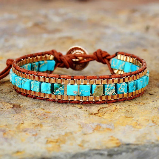 Blue Stone Hand-Woven Leather Bracelet